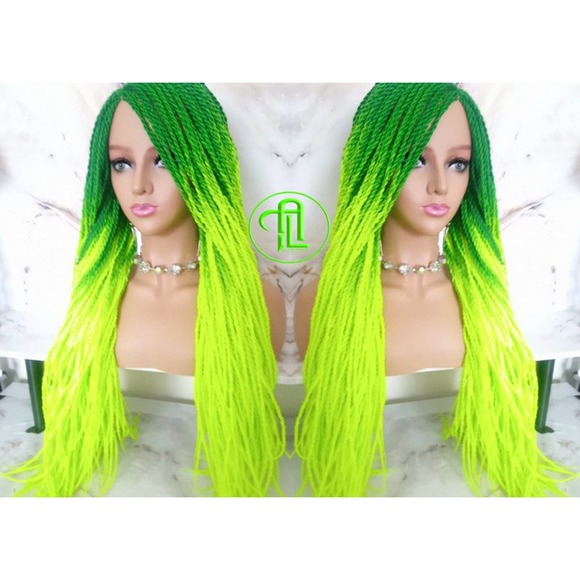 Green Florescent  Ombre Senegalese Twist Braid Wig Glow in The Dark Braids Neon - Picture 1 of 9